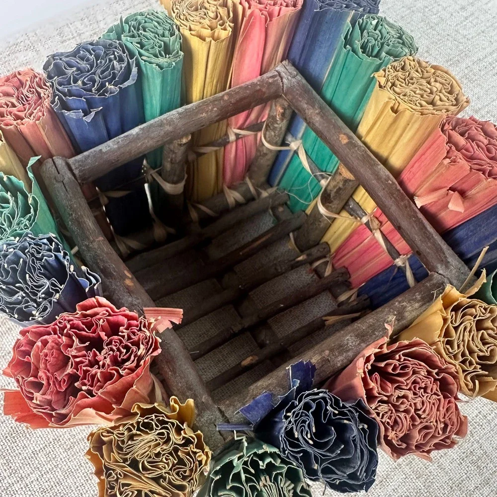 Handmade Woven Twig Planter Cachepot w/ Colorful Palm Leaf Accents